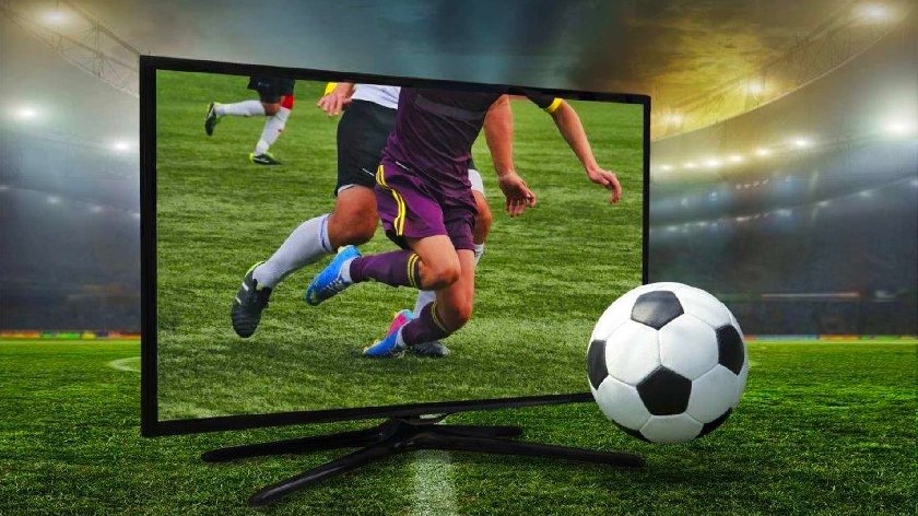 composited TV with a player bursting out